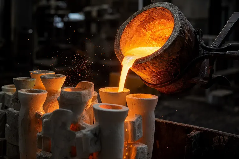 Molten stainless steel poured into ceramic shell moulds (investment casting)