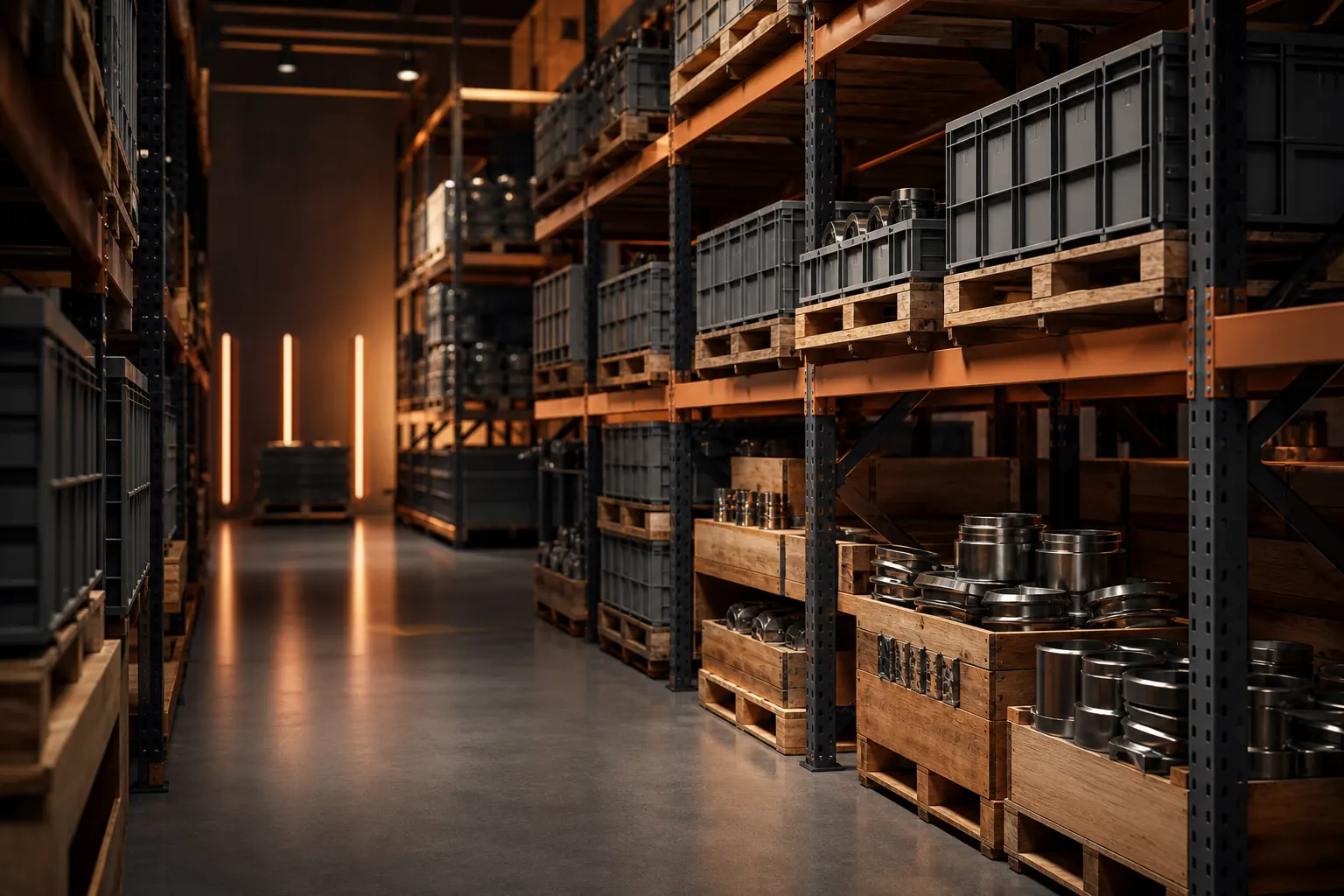 Warehouse with racks full of crates of machine parts