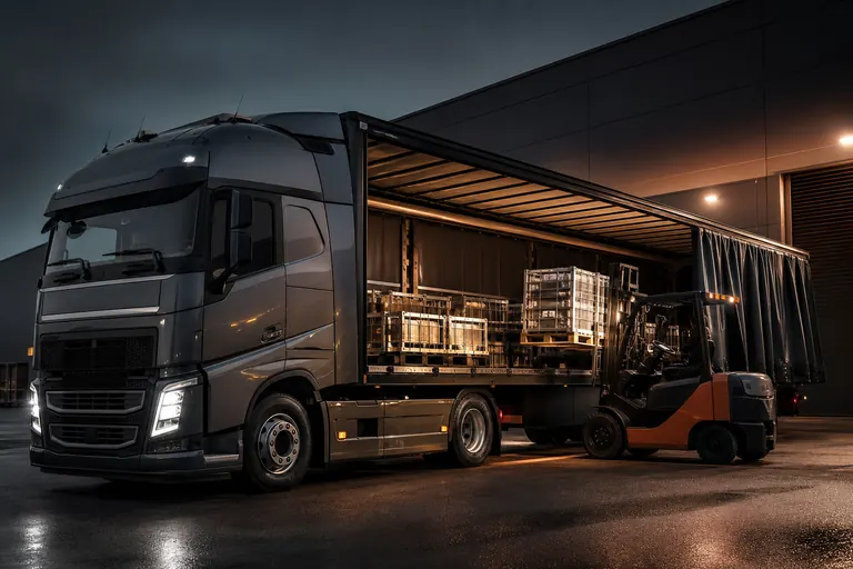 Truck at the loading dock of the warehouse, a forklift loading a pallet of metal parts