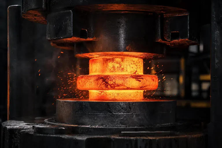 Glowing steel blank in a forging press (closed-die forging)